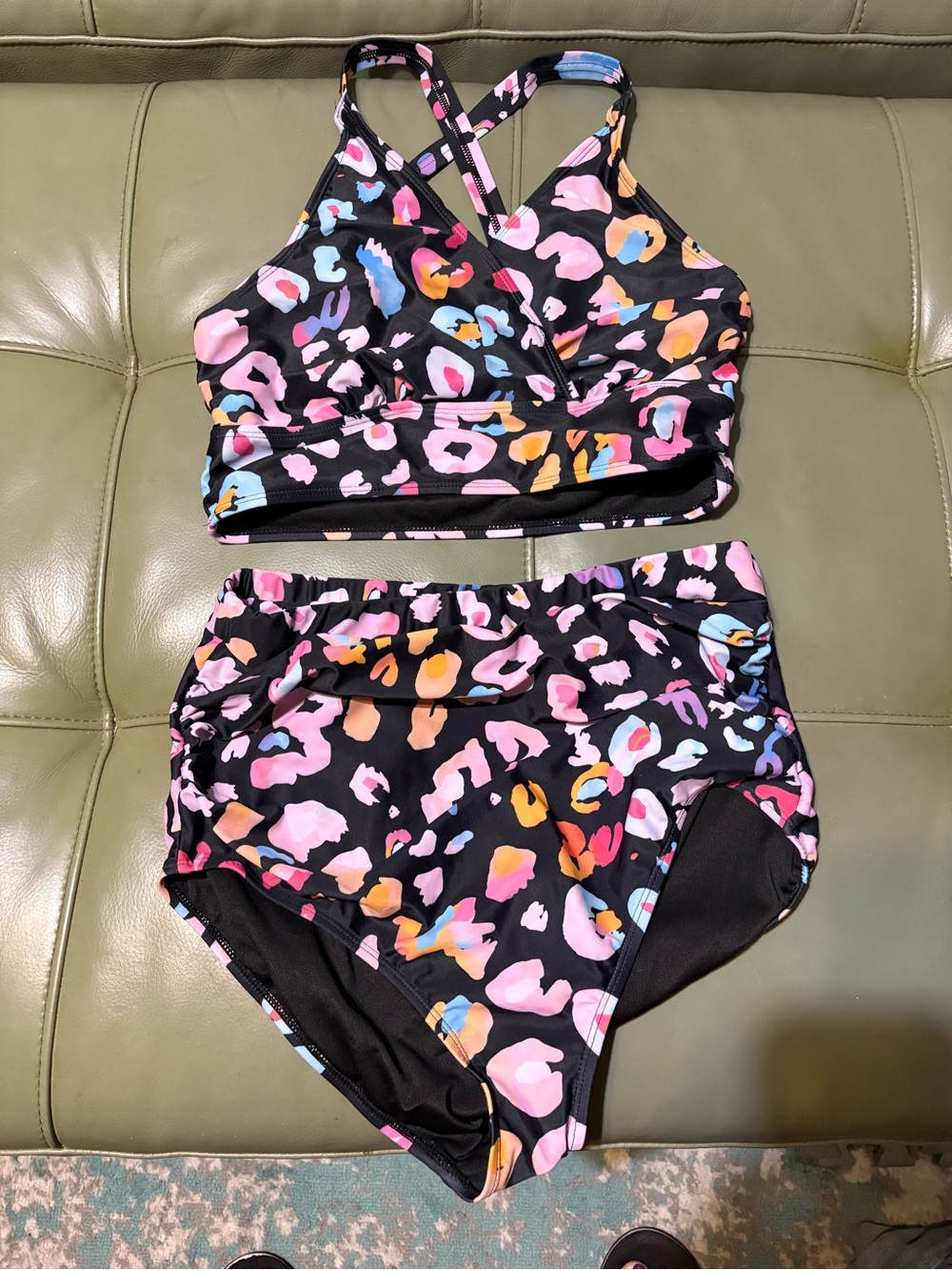 BloomChic Black Swim Bikini with Pink, Orange & Blue Leopard Print